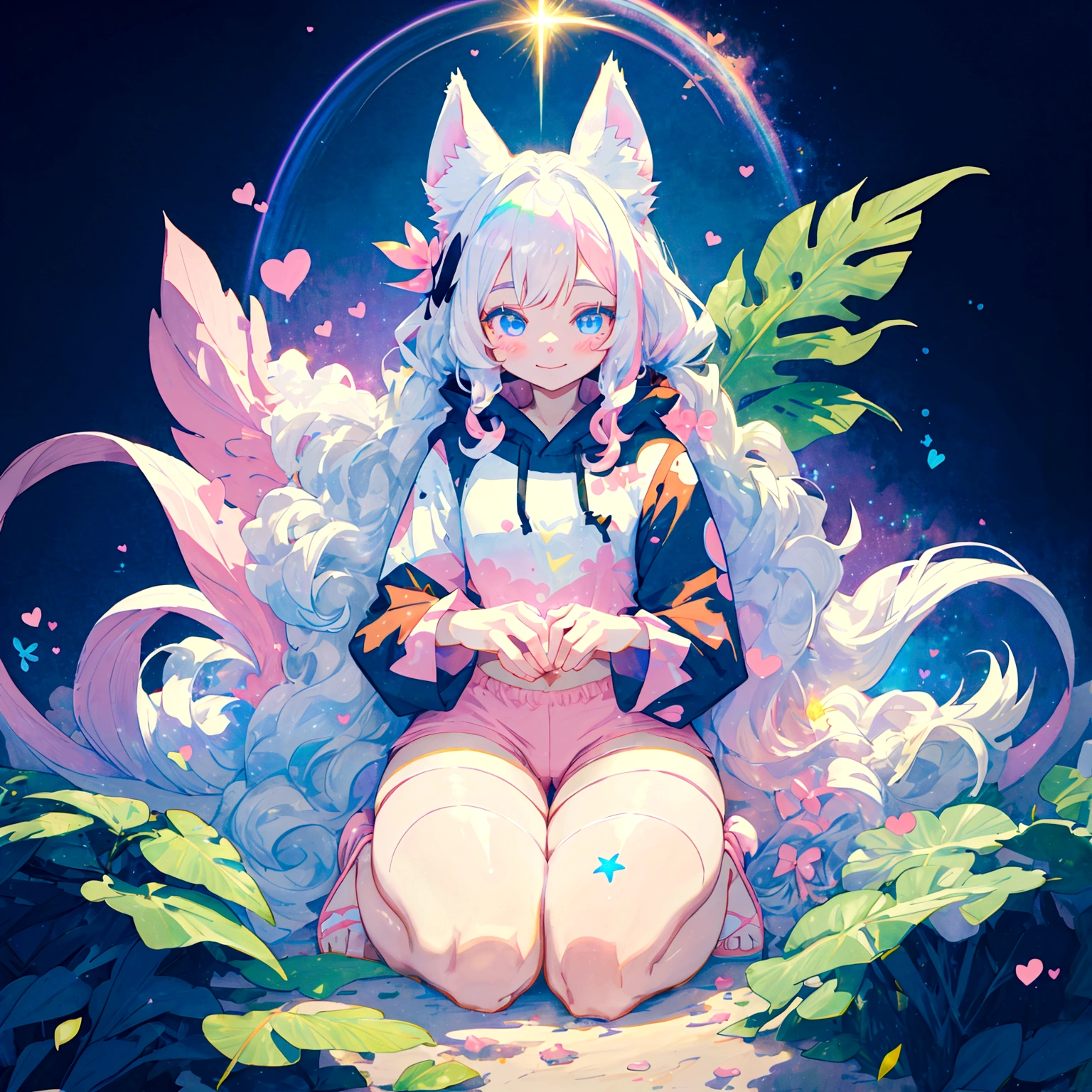 a cute adult male with wolf ears, long white hair, long locks, has a wolf tail, thick thighs, wide hips, short, wearing pink romper with a hood and pink shorts, has heart on chest, has bunny ears on hood, very slim, showing slender tummy, squishy thighs, has glowing blue eyes. alone, solo (ALONE)(SOLO), surrounded by rainbows, colorful galaxy backround, smiling, on knees ontop of a pile of fluffy plushes, plushies everywhere, kawaii plushies, surrounded by bubbles, surrounded by rainbow leaves, thicc thighs, stretching out, hands covered