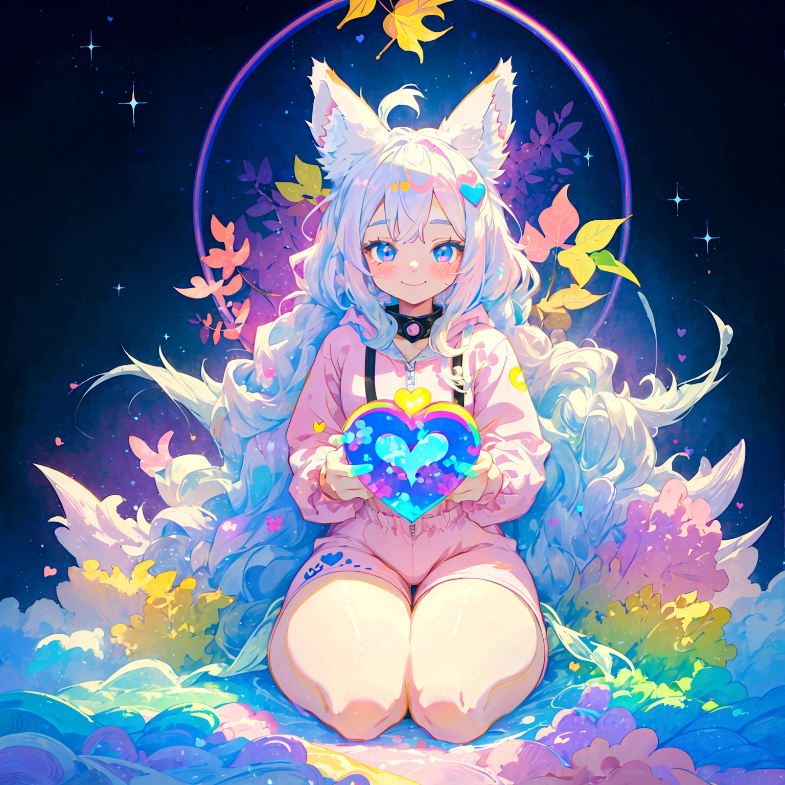 a cute adult male with wolf ears, long white hair, long locks, has a wolf tail, thick thighs, wide hips, short, wearing pink romper with a hood and pink shorts, has heart on chest, has bunny ears on hood, very slim, showing slender tummy, squishy thighs, has glowing blue eyes. alone, solo (ALONE)(SOLO), surrounded by rainbows, colorful galaxy backround, smiling, on knees ontop of a pile of fluffy plushes, plushies everywhere, kawaii plushies, surrounded by bubbles, surrounded by rainbow leaves, thicc thighs, stretching out, hands covered