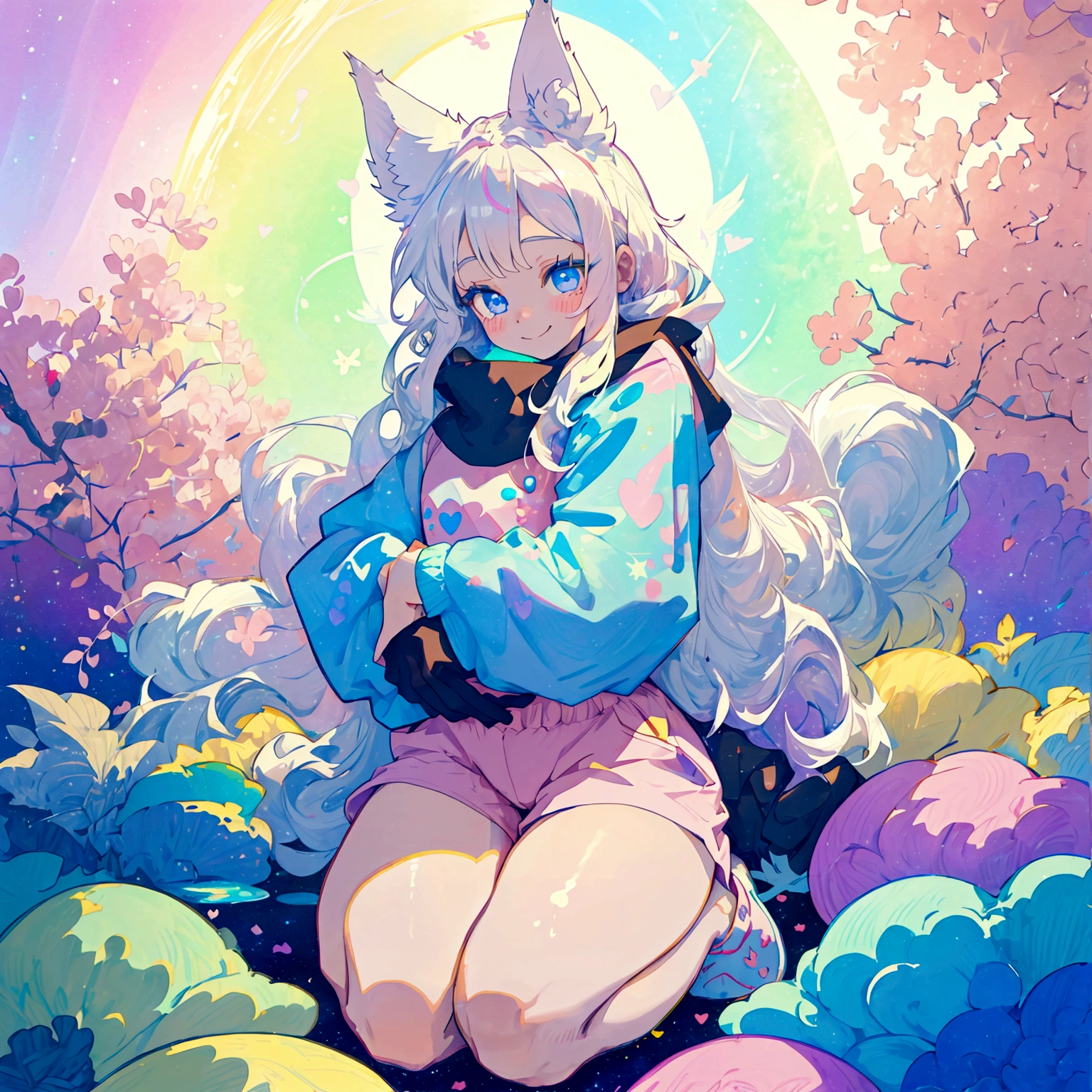 a cute adult male with wolf ears, long white hair, long locks, has a wolf tail, thick thighs, wide hips, short, wearing pink romper with a hood and pink shorts, has heart on chest, has bunny ears on hood, very slim, showing slender tummy, squishy thighs, has glowing blue eyes. alone, solo (ALONE)(SOLO), surrounded by rainbows, colorful galaxy backround, smiling, on knees ontop of a pile of fluffy plushes, plushies everywhere, kawaii plushies, surrounded by bubbles, surrounded by rainbow leaves, thicc thighs, stretching out, hands covered