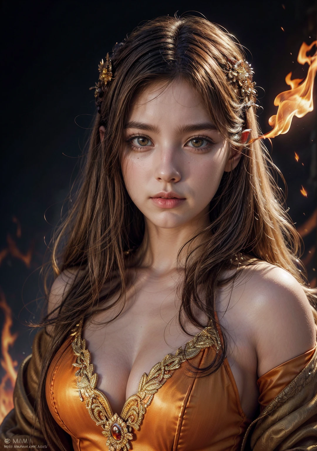 It is (realistic fantasy) el arte withtiene brasas, real flames, real heat, and realistic fire. Generate a masterpiece artwork of a  female fire druid with large (((orange and gold))) eyes. The fire druid is awe-inspiring with beautiful ((Realistic burning eyes)) alight with withfidence and power. His features are elegant and well defined.., with ((Soft and swollen lips)), elven bone structure, and realistic shading. Your eyes are important and should be the focal point of this piece of art., with ((Extremely realistic details, Macro details, and shine.)) She wears a billowing, shimmering dress made of realistic flames and jewels that sparkle in the firelight... Wisps of fire and smoke border the dress&#39;s intricate bodice.. Include bumps, stones, burning iridescence, glowing embers, silk &amp; satin &amp; leather, an interesting background, and heavy fantasy elements. camera: Use dynamic compositing techniques to enhance realistic flames., long blond hair