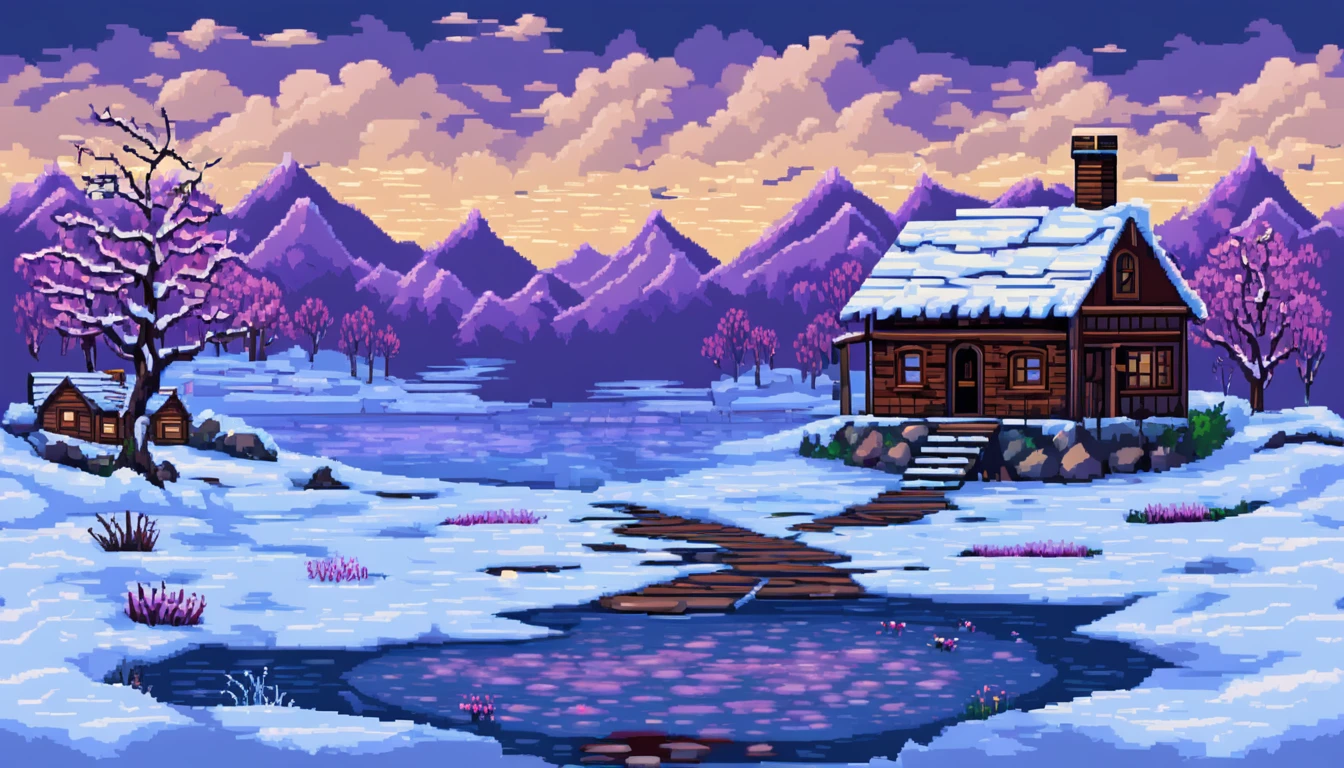 a winter themed backyard with patches of snow, a leafless tree, a small cabin, a stone path and a frozen pond in the background multiple texture spritesheet, pop-art-and-cartoon-style themed, 2d side scroller game, front view, pixel art