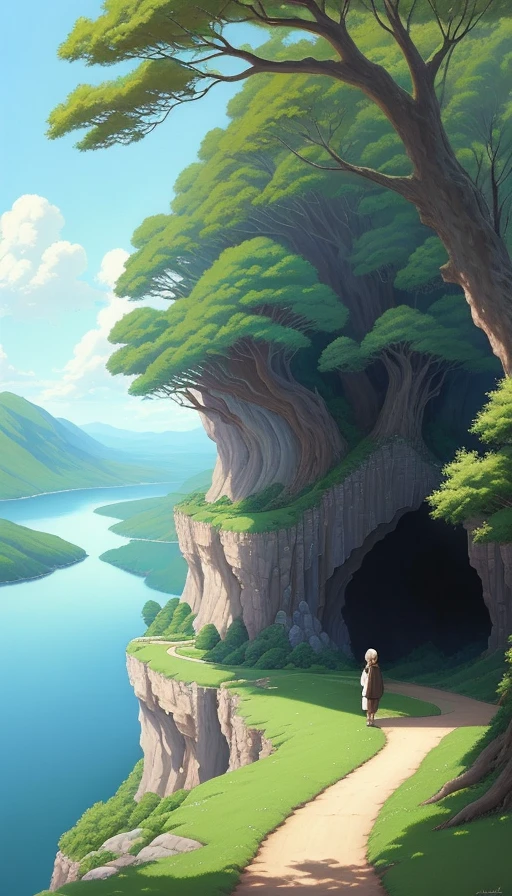 Realistic, authentic, beautiful and amazing landscape oil painting Studio Ghibli Hayao Miyazaki&#39;s petal grassland with blue sky and white clouds --v6