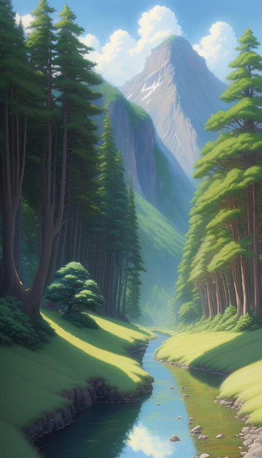 Realistic, authentic, beautiful and amazing landscape oil painting Studio Ghibli Hayao Miyazaki's petal grassland with blue sky and white clouds --v6