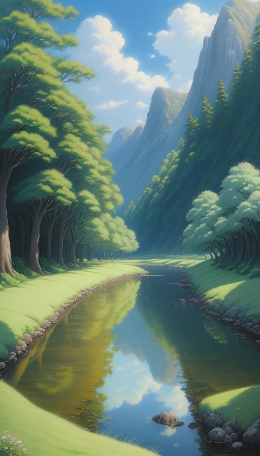 Realistic, authentic, beautiful and amazing landscape oil painting Studio Ghibli Hayao Miyazaki's petal grassland with blue sky and white clouds --v6