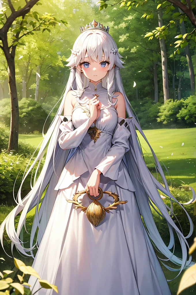 Anime princess with a long, white dress that covers most of her body. Her hands are at her side, and her crown it made of twigs and branches, representing her connection and care for nature. Background of a forest