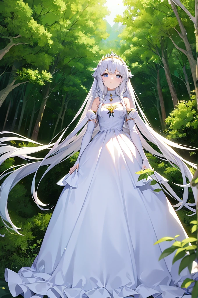 Anime princess with a long, white dress that covers most of her body. Her hands are at her side, and her crown it made of twigs and branches, representing her connection and care for nature. Background of a forest