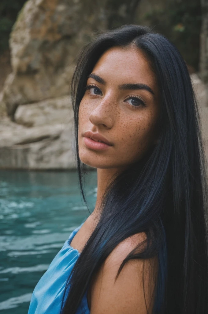 ((best quality)), ((masterpiece)), (detailed), 1 beautiful woman with freckles, long black  hair, caring face, deep serene look, background and blue color,