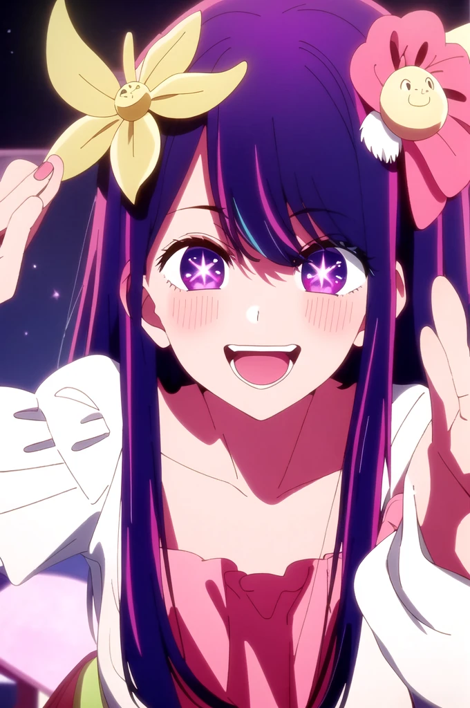 ​masterpiece、ighly detailed、(1 girl in:1.2)、purple color  hair、pink  dress、big eye、a closeup、a smile、8K 、Ai Hoshino、Live performance venue、ビキニ