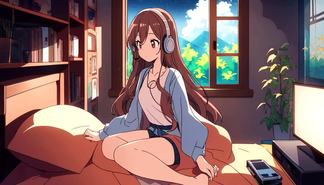 Keywords : masterpiece, best quality, movie still, one girl, girl in clouds, happiness, warm soft lighting, night sky, listening to music on headphones in bed in room, girl with long hair, big eyes, profile, illustration style