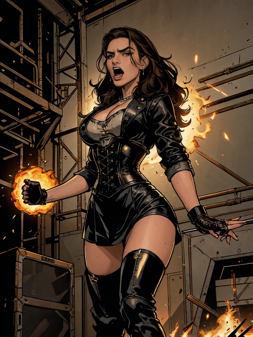Extremely busty thin and toned brunette death metal singer, college girl, fair skin, big hair, hair pulled back, soft face, athletic, heavy makeup, piercings, black leather, studs, corset, boots, fingerless gloves, tight skirt, chains. standing on a stage, pyrotechnics, holding a microphone, metal concert. (microphone, fist in the sky), angry, rage, screaming. Heavy metal. Death metal. Explosions, fire.