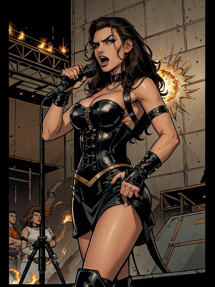 Extremely busty thin and toned brunette death metal singer, college girl, fair skin, big hair, hair pulled back, soft face, athletic, heavy makeup, piercings, black leather, studs, corset, boots, fingerless gloves, tight skirt, chains. standing on a stage, pyrotechnics, holding a microphone, metal concert. (microphone, fist in the sky), angry, rage, screaming. Heavy metal. Death metal. Explosions, fire.