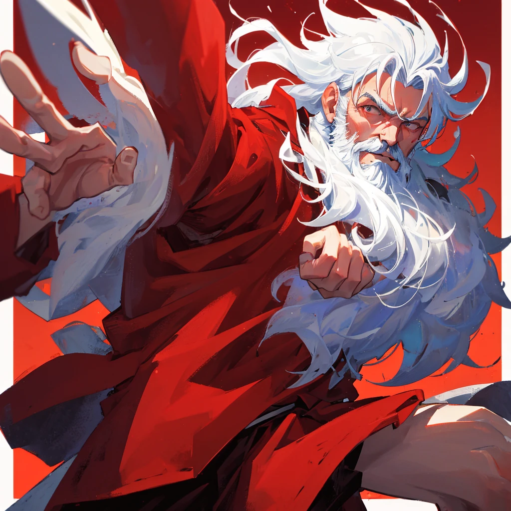 A man with a white beard, High martial arts,Boxer,((Pure red background))