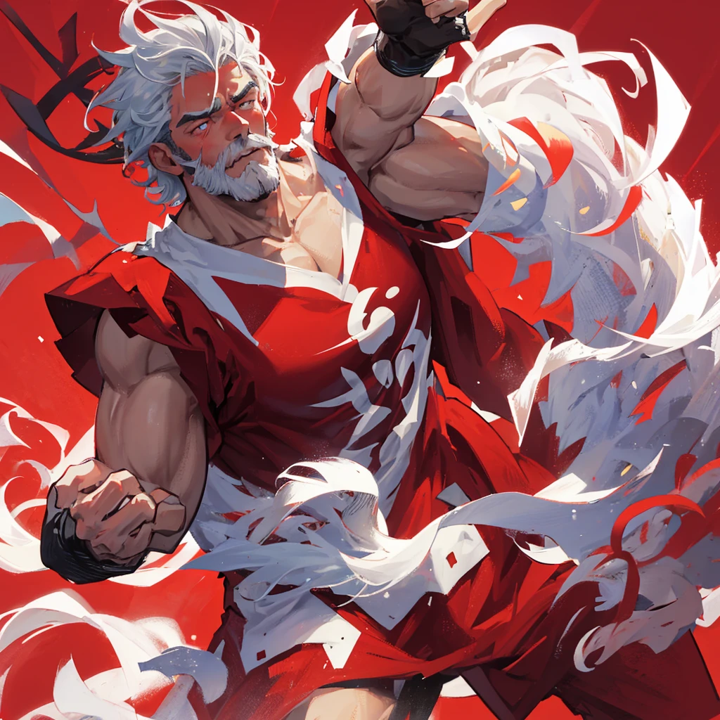 A man with a white beard, High martial arts,Boxer,((Pure red background))