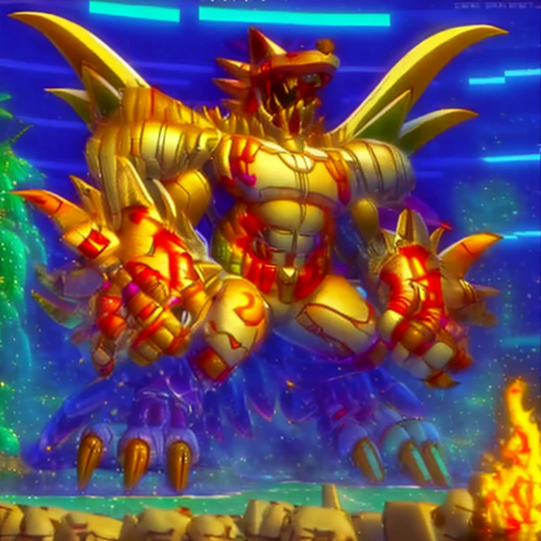 (masterpiece. official art. 8k. best quality. detailed full body. full body.)
(situation 1 : dominating The Phoenix Wolf. The Phoenix Wolf is over 1000 meters long. focus giant mechanical Muscular The Phoenix Wolf is trampling the car. Looking down.)
(situation 2 :smoke and flames rising from the destruction in the city)
(Additional details 1: Wearing golden Armor. Cape. Helmet. real texture material. whole body shines like metal. emphasizes the muscles. suit fully made of metal. Robotic suit. no face.).
(Additional details 1.5: The arms are golden. The lower half of the body is golden. The wolf-shaped helmet has sharp fangs. The whole body is golden. The chest area is also golden. There is a ring above the head.).
(Additional details 2: Detailed head. Detailed Body. Detailed abs. gigantic muscles. HYPER MUSCLES. Gigachad Muscular. big muscle. pecs. triceps. traps. unusually developed muscular body. body full of huge muscles. showing off muscles. pectorales enormes. Exaggeratedly huge muscles. huge muscles. long legs.).
(Additional details 3: Spread wings. It has wings. The claws are sharp. Sharp teeth.). He is laughing defiantly. The claws are sharp. Sharp teeth.).
(Additional details 3.5 : nj5furry, He is laughing defiantly. medieval armor.).