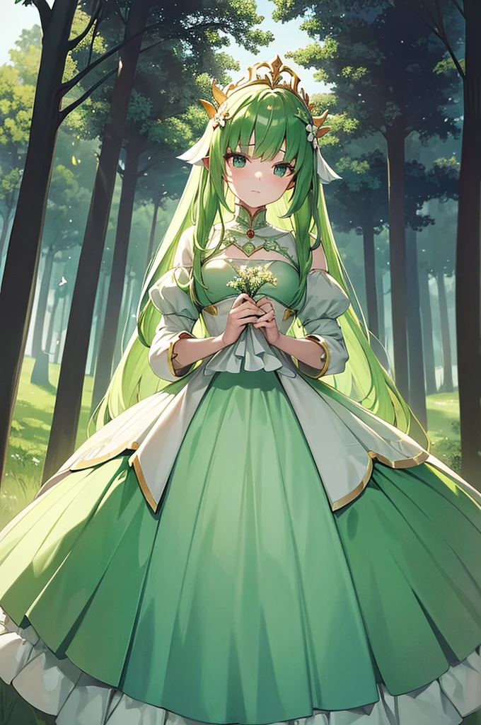 Content:
An anime princess with a long, white dress that covers most of her body. She has her hands at her sides, and her crown is made of twigs and branches, symbolizing her deep connection and care for nature. The background is a lush, vibrant forest.
Medium:
Digital art, anime illustration.
Style:
Inspired by ethereal and nature-themed anime art, with a focus on detailed and whimsical fantasy elements. Incorporates elements of classic anime princess designs and natural aesthetics.
Lighting:
Soft, natural lighting that filters through the forest canopy, casting gentle dappled light on the princess and her surroundings.
Colours:
A palette dominated by whites, greens, and earthy browns, emphasizing her purity and harmony with nature. The forest background features various shades of green, with highlights of flowers and foliage.
Composition:
A full-body shot, capturing her standing gracefully among the trees. The twig and branch crown is prominent, adding to her natural and regal appearance. The forest background complements her connection to nature, enhancing the overall serene and mystical atmosphere.