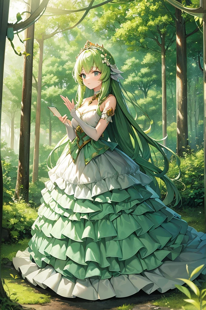 Content:
An anime princess with a long, white dress that covers most of her body. She has her hands at her sides, and her crown is made of twigs and branches, symbolizing her deep connection and care for nature. The background is a lush, vibrant forest.
Medium:
Digital art, anime illustration.
Style:
Inspired by ethereal and nature-themed anime art, with a focus on detailed and whimsical fantasy elements. Incorporates elements of classic anime princess designs and natural aesthetics.
Lighting:
Soft, natural lighting that filters through the forest canopy, casting gentle dappled light on the princess and her surroundings.
Colours:
A palette dominated by whites, greens, and earthy browns, emphasizing her purity and harmony with nature. The forest background features various shades of green, with highlights of flowers and foliage.
Composition:
A full-body shot, capturing her standing gracefully among the trees. The twig and branch crown is prominent, adding to her natural and regal appearance. The forest background complements her connection to nature, enhancing the overall serene and mystical atmosphere.