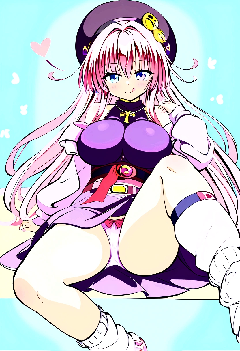 To Love-Ru、Purple off-the-shoulder mini skirt dress、Pink Hair、Big Breasts、White panties、Light purple loose socks、Provocative look、Raw thighs、Light blue eyes、Belt only on left thigh