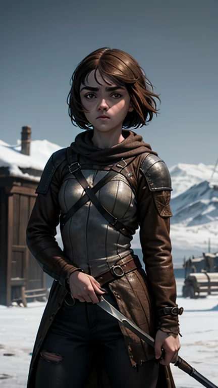 8k, Maisie Williams face, toned abs, small breast, round ass, her round ass visible, brown hair, Maisie Williams as Arya Stark, torn ragged clothes, standing stance, winterfell in background