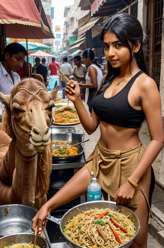 An Indian girl having the body of a camel and the head of a lady and making chicken fried rice and chicken noodles as street food and serving it to the customers