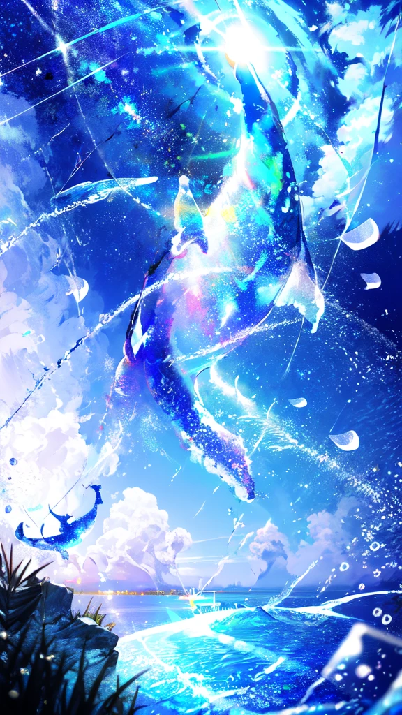 -scenery, 1girl, sky, Star (sky), Highest Resolution、whale, night, solo, city lights, Starry sky, Fine bubbles、night sky, bubble, moon, watercraft, outdoors, short hair, ocean, cloud,coloured glaze,Olympic