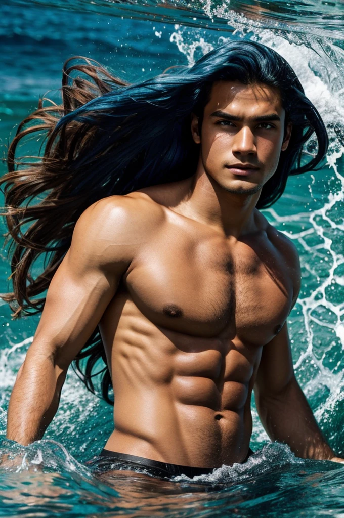 Merman with serious expression, long blue waving hair, caramel skin tone, blue eyes