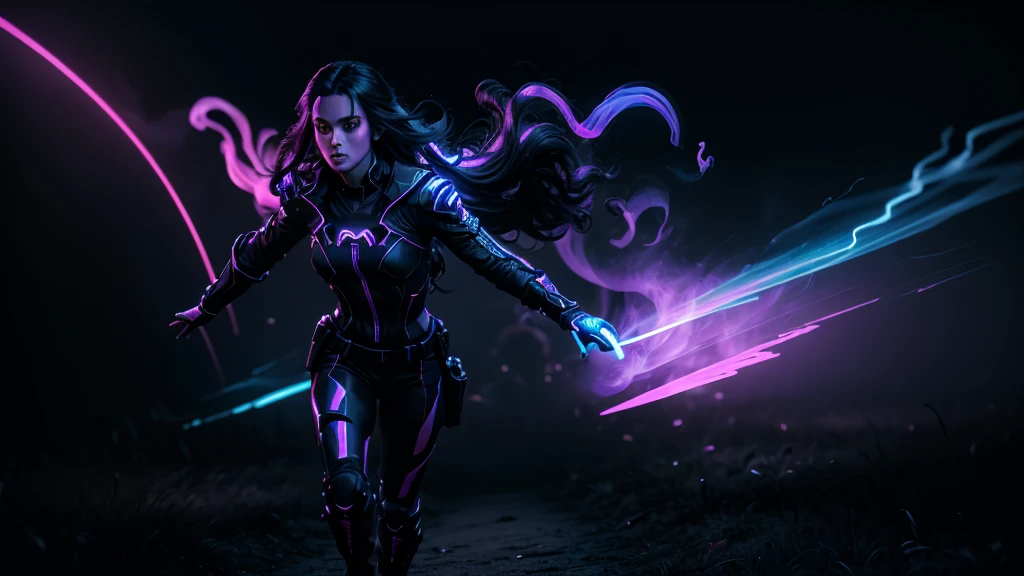 prince of darkness hold hand and running with a beautiful sultry female, that's glowing in the darkness, running through the futuristic battlefield, neon colors, high detail, long shot, wide shot, 4K, 3D, REALISTIC, (iridescent glow smoke), UHD, 32K, very bold neon colors, black light, neon light