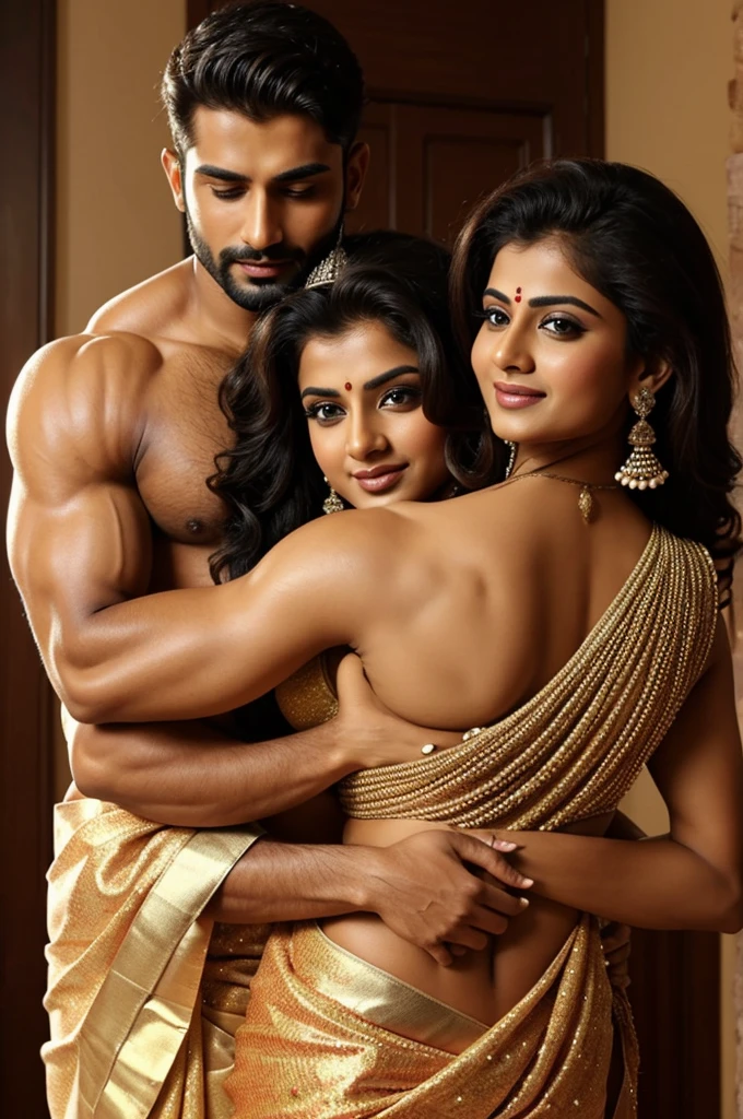 Queen and princess sexy in saree waist grabbed and hugged and kissed muscular handsome attractive man