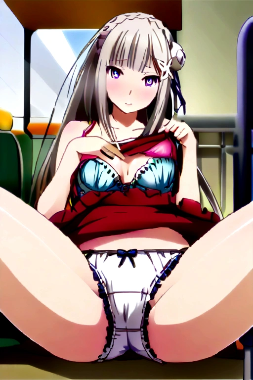 Starting Life in Another World from Zero,Emilia,Mid-chest,by bus(((Garment Lift)))(((Showing off your bra))) (((Frilled Panties)))Sit down and spread your legs