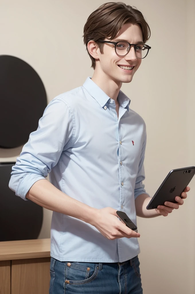 Model 3 by Pixar ,white boy with round glasses holding an iPhone 15 and smiling 
