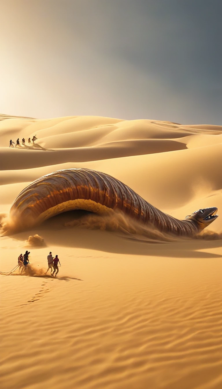 a giant sand worm chasing a group of people fleeing in the desert, extremely detailed, highly detailed, hyper realistic, 8k, photorealistic, cinematic lighting, dramatic lighting, stunning colors, vivid colors, warm color palette, volumetric lighting, cinematic composition, dynamic action pose, dramatic angle, intricate details, masterpiece, award winning