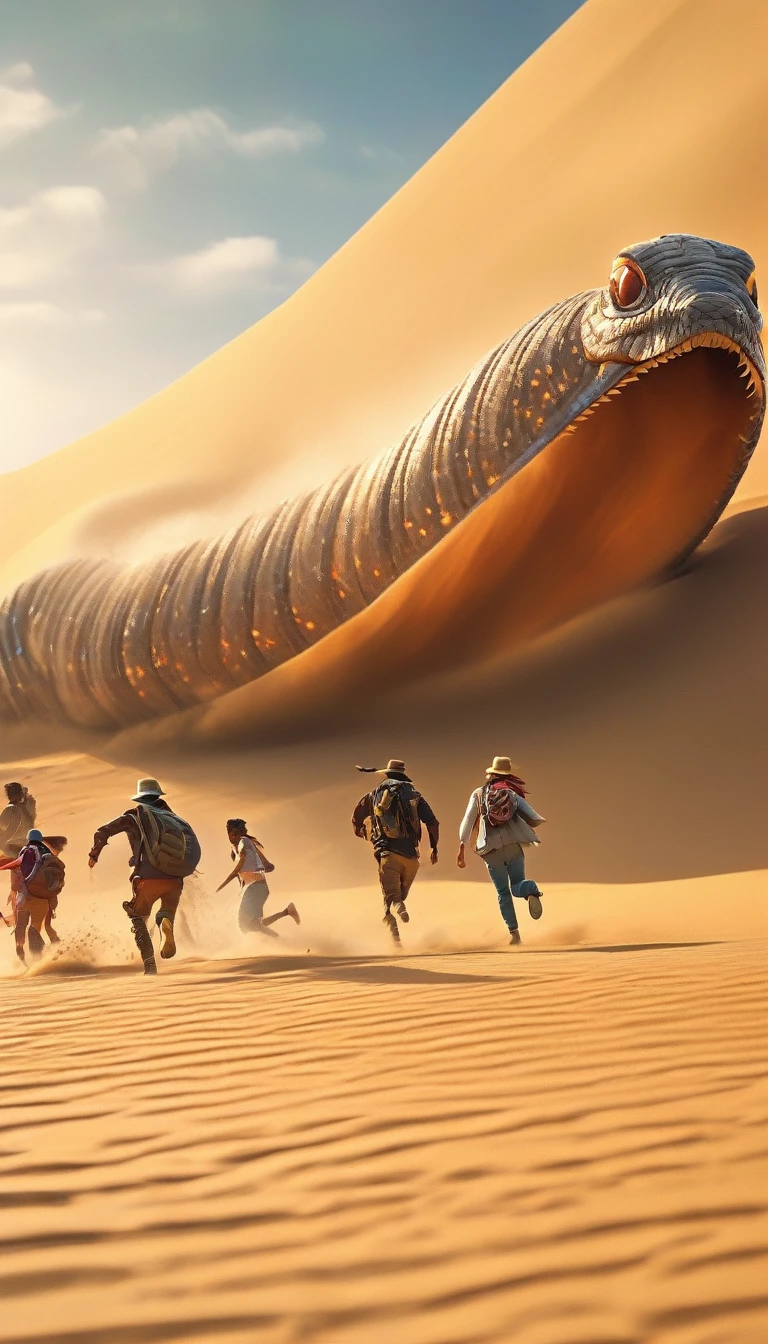 a giant sand worm chasing a group of people fleeing in the desert, extremely detailed, highly detailed, hyper realistic, 8k, photorealistic, cinematic lighting, dramatic lighting, stunning colors, vivid colors, warm color palette, volumetric lighting, cinematic composition, dynamic action pose, dramatic angle, intricate details, masterpiece, award winning