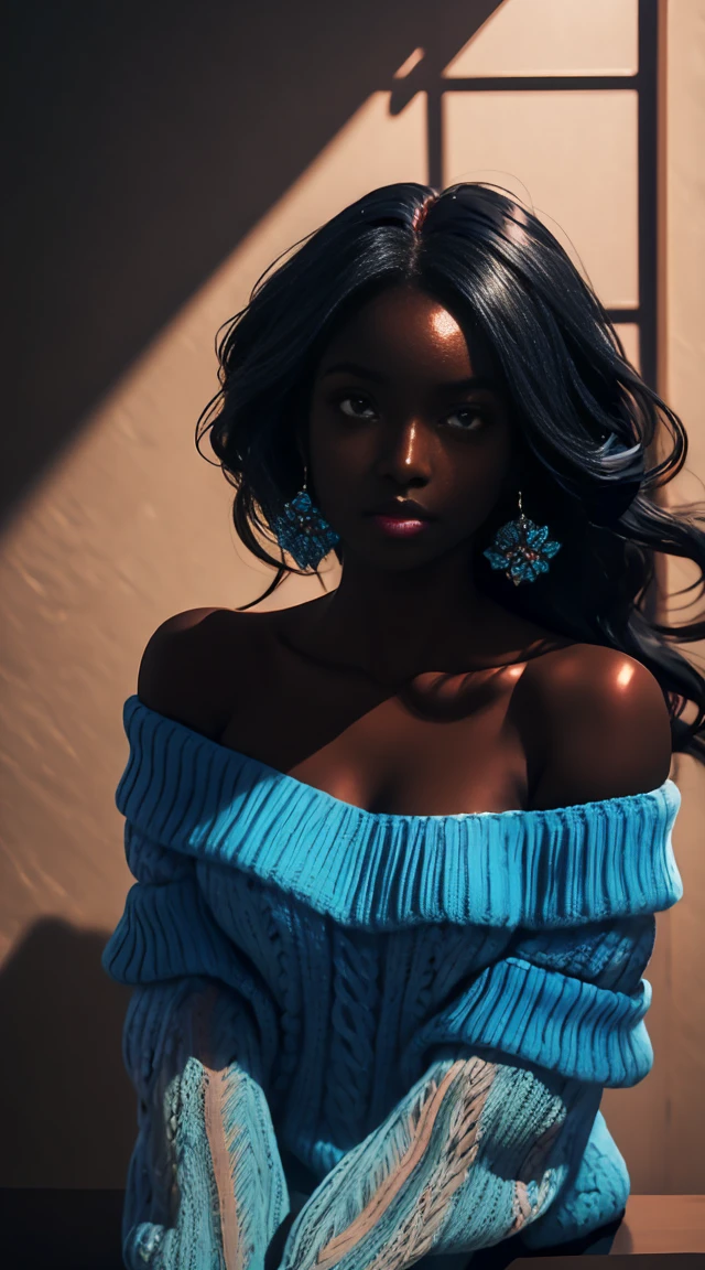 Upper body photo, ((beautiful black woman with flawless dark skin)), long hair with gradient blue shine, clearly defined facial features, large detailed bright blue eyes, (((wearing an off-the-shoulder sweater))) flowers glowing in the background, masterpiece, best high quality image, 96k, uhd, depth of field, 1080P wallpaper, spotlight, focus on character, high quality, incredibly detailed, Amy Sol style UHD image quality