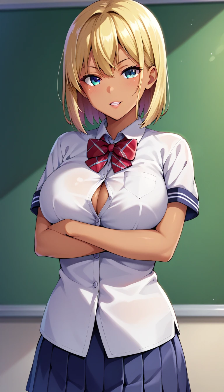 (masterpiece, best quality, ultra-detailed, high resolution, detailed eyes), takeda hiromitsu style, 1girl(), (school uniform, short sleeve shirt), (straight blonde hair, medium hair), solo, tanned skin, tsurime, disdainful, large breasts, slender body, looking at viewer, pov, cowboy shot, crossed arms, standing, school