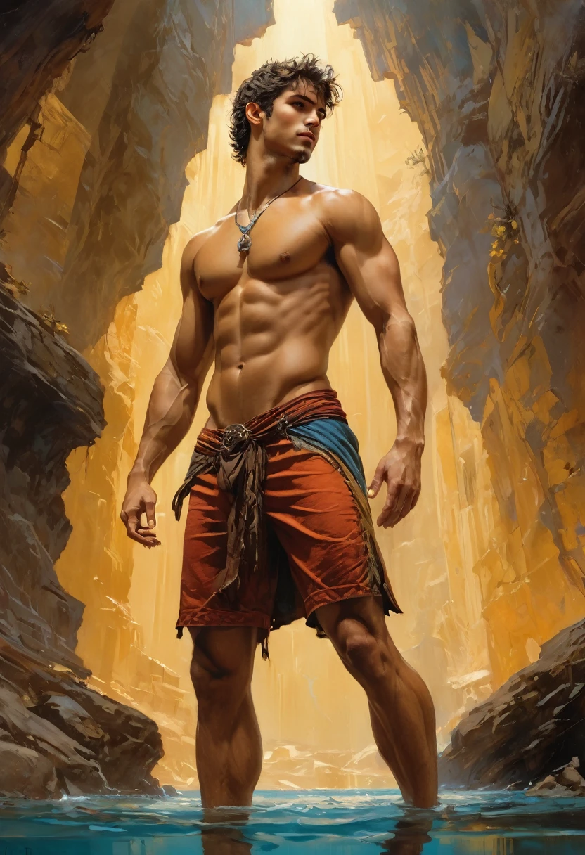 fullbody, A young, latino, handsome, shirtless, pantless, barefoot, fullbody, athletic fitness toned body, playing a ciello, symbolizing a timeless connection between past and future. vibrant colors. vibrant colors, MASTERPIECE by Aaron Horkey and Jeremy Mann, masterpiece, best quality, Photorealistic, ultra-high resolution, photographic light, illustration by MSchiffer, fairytale, Hyper detailed
