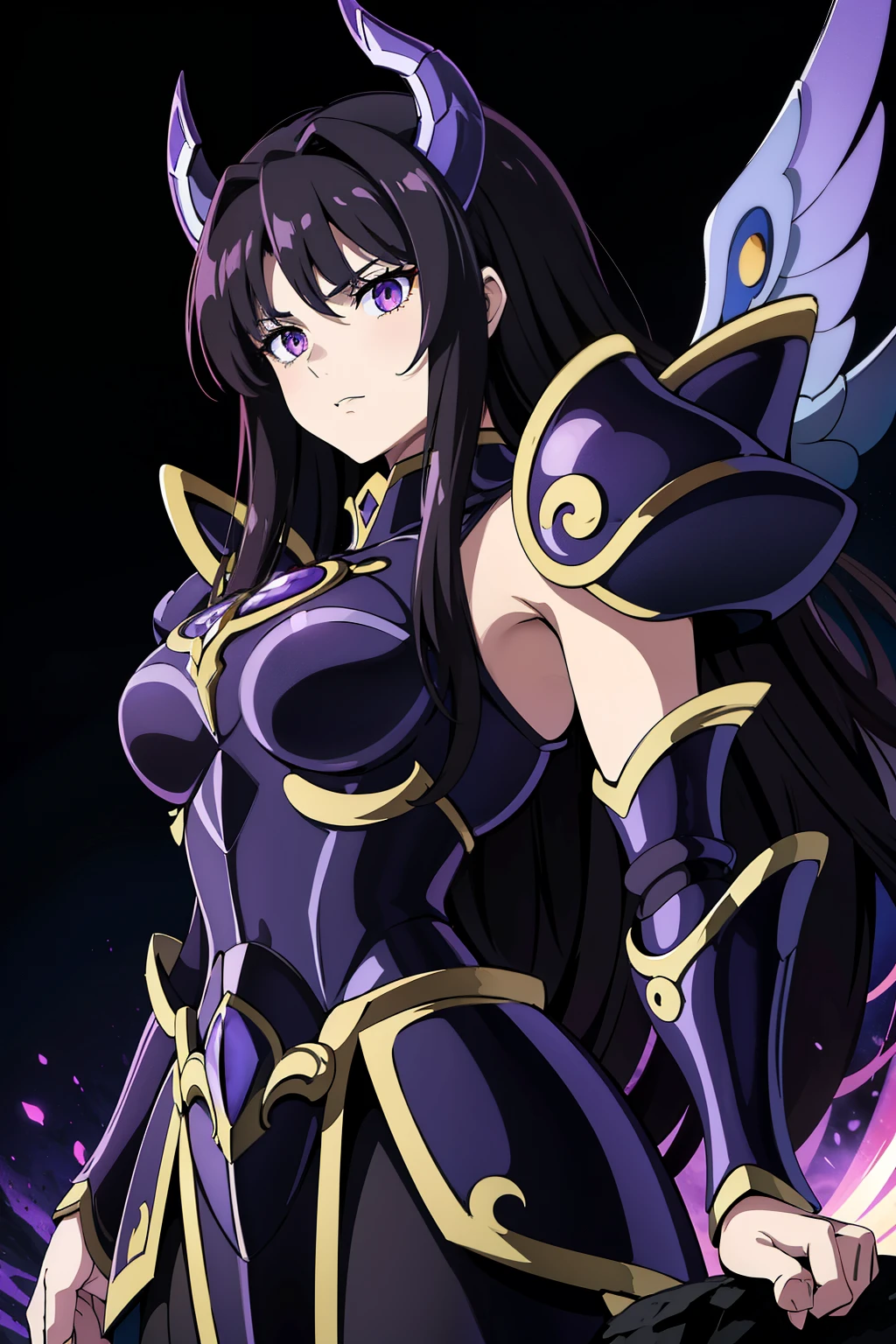 (high-quality, breathtaking),(expressive eyes, perfect face) portrait, Symmetrical Eyes, 1girl, female, solo, adult, black hair color, red purple coloured eyes, medium hair length, side bangs, fluffy hair, looking at viewer, portrait, black background, narrow eyes, soft eerie blue lighting background, rock terrain background, Hades Armor, Hypnos Saint Seiya Armor, Thanatos Saint Seiya Armor, Dark Purple Armor, trim, full plate, feminine face, half body shot, glowing eyes, evil eyes, horns
