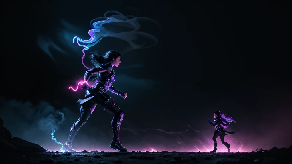 prince of darkness hold hand and running with a beautiful sultry female, that's glowing in the darkness, running through the futuristic battlefield, neon colors, high detail, long shot, wide shot, 4K, 3D, REALISTIC, (iridescent glow smoke), UHD, 32K, very bold neon colors, black light, neon light