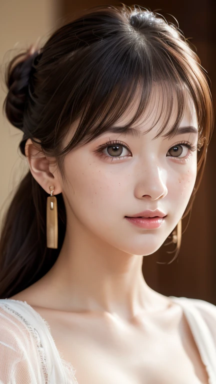1 Girl, very cute, Great face and eyes, (Highly detailed beautiful face), (Ultra Realistic), (Highly detailed eyes, Highly detailed hair, Highly detailed face, Very detailed full lips), (Off the shoulder), chest, Upper Body, smile:1.1, (Highest quality:1.4), RAW Photos, (Realistic, photo-Realistic:1.37), Professional photography, Cinematic Light, double bun、Add light to your hair、Earrings、forehead、freckles、