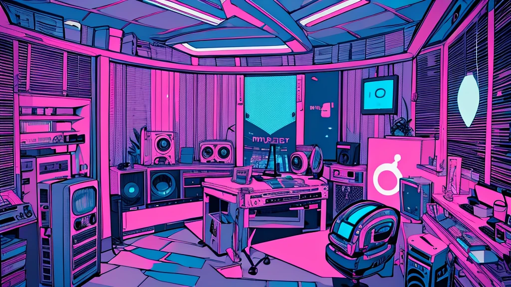 Best quality, (masterpiece), best detail face,1 girl, big breasts, 18 yo, 8k,absurdres,unity 8k wall paper,(extremely detailed:1.3), highest realistic, (retro headphones:), (soft neon light:), (psychedelic), Her room full of music equipment and plants, Light clothing in summer, See the whole room, She is leaving the room, natural color palette