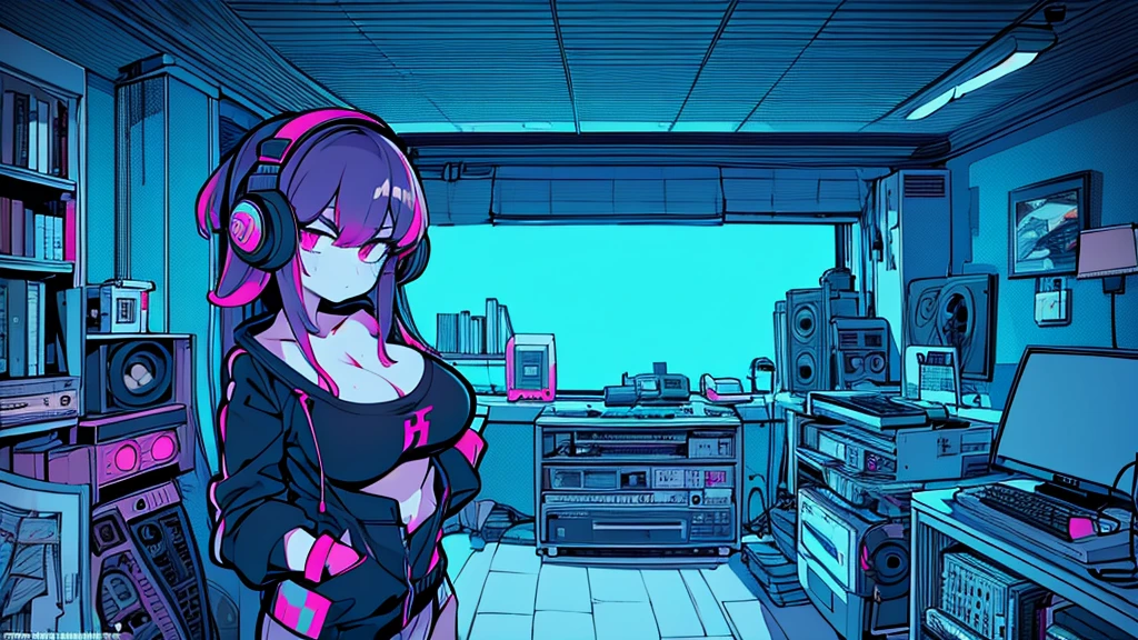 Best quality, (masterpiece), best detail face,1 girl, big breasts, 18 yo, 8k,absurdres,unity 8k wall paper,(extremely detailed:1.3), highest realistic, (retro headphones:), (soft neon light:), (psychedelic), Her room full of music equipment and plants, Light clothing in summer, See the whole room, She is leaving the room, natural color palette