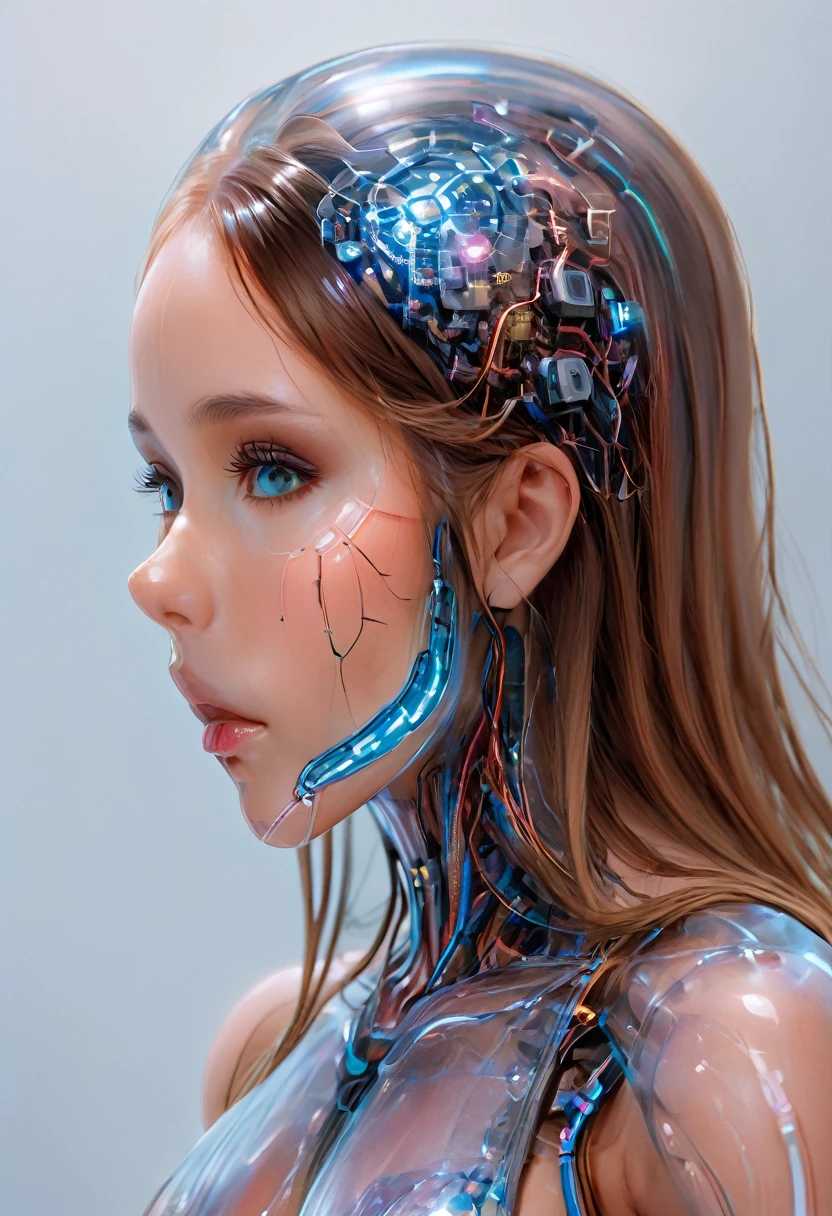 The portrait of an sexual android with the appearance of a beautiful young woman, anatomically correct, which has a semitransparent body, which allows you to see parts of its circuits, mechanical and organic parts and with the style of illustrator Lee Evans.