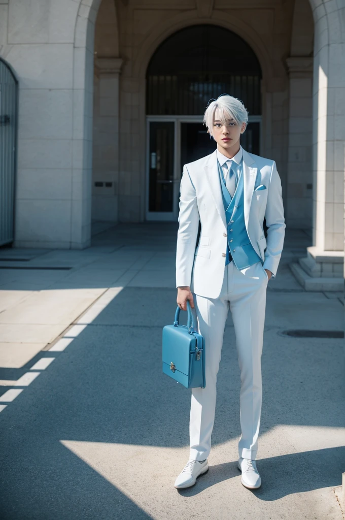 White hair,Young man with light blue hair,A white suit,Briefcase in hand,Looking at the camera,Full body picture,Behind is the company building,