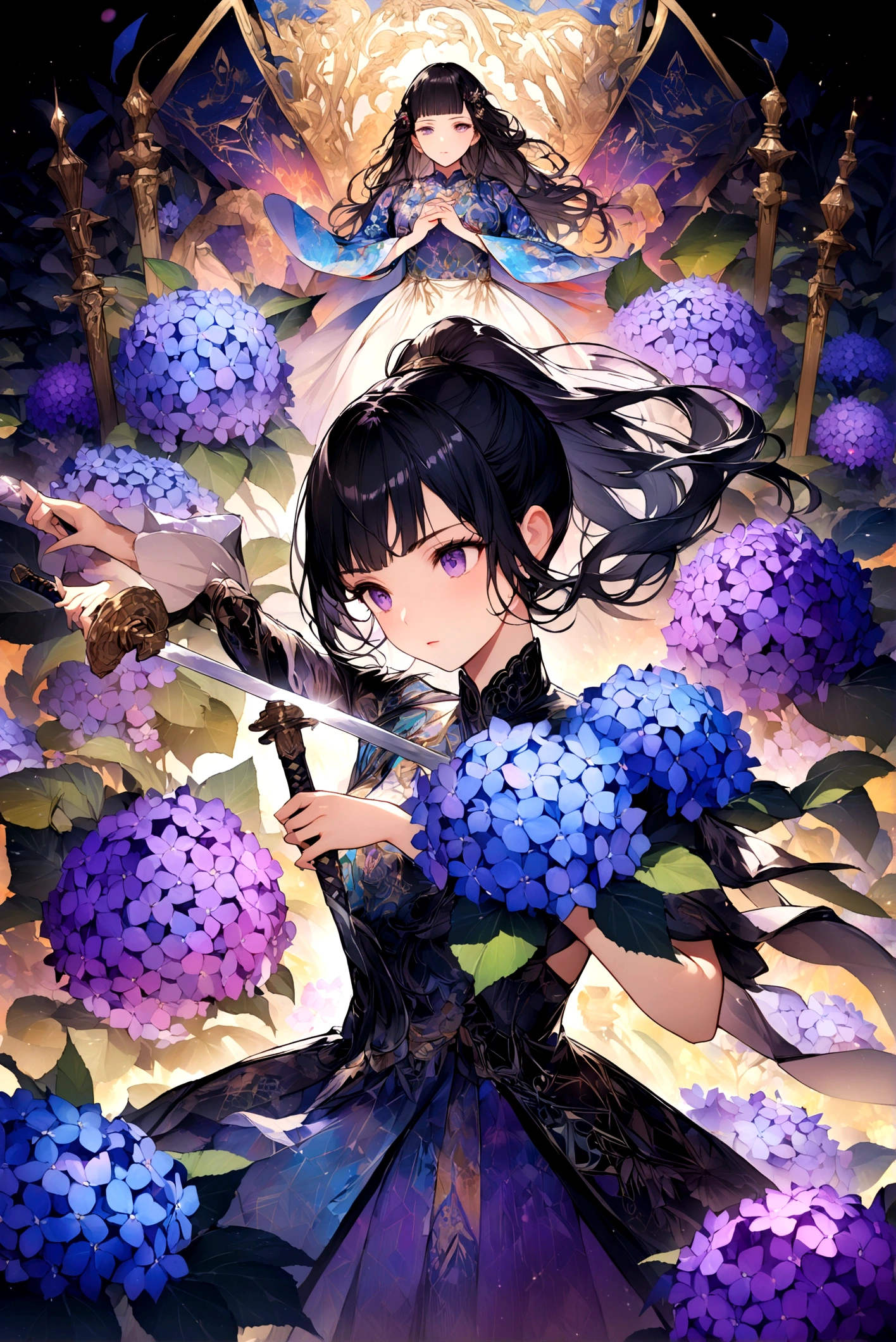 vibrant and colorful illustration,high quality, 8K Ultra HD,Illustrations drawn with colorful, flashy, precise and delicate touches.Fantastic atmosphere. A Beautifu femalel Swordsman with black hair and bangs in a black-and-white lace dress is fighting .she is fighting with swords.The costumes are traditional blue-purple hydrangea flower patterns, and the decorations are delicate and meticulous.High definition.backdrop filled with colorful patterns representing ancient symbols and floral motifs. The background is richly detailed with geometric shapes that add depth to their figure's presence.lovely double exposure image by blending together a galaxy and a blue-purple hydrangea flower.