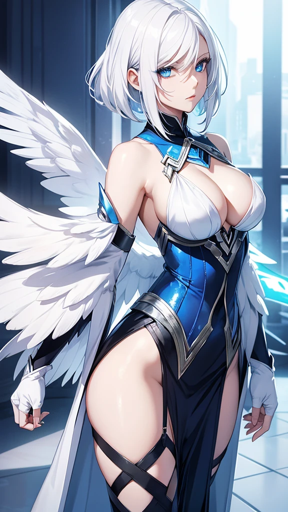 white hair woman, with blue eyes, and with wings on his back, like sexy clothes