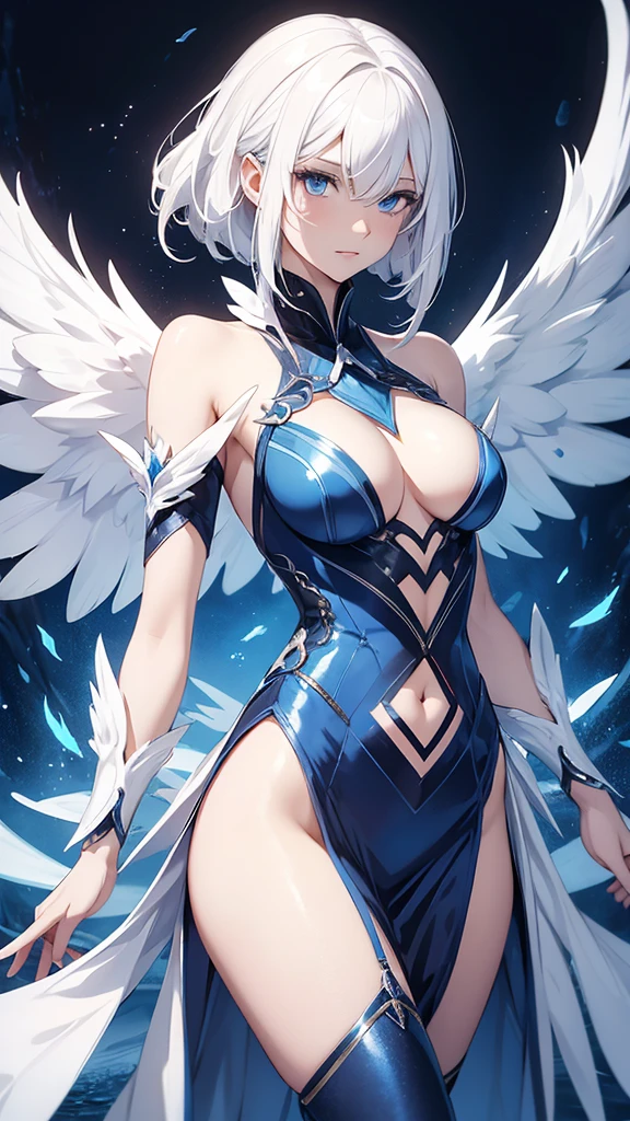 white hair woman, with blue eyes, and with wings on his back, like sexy clothes 