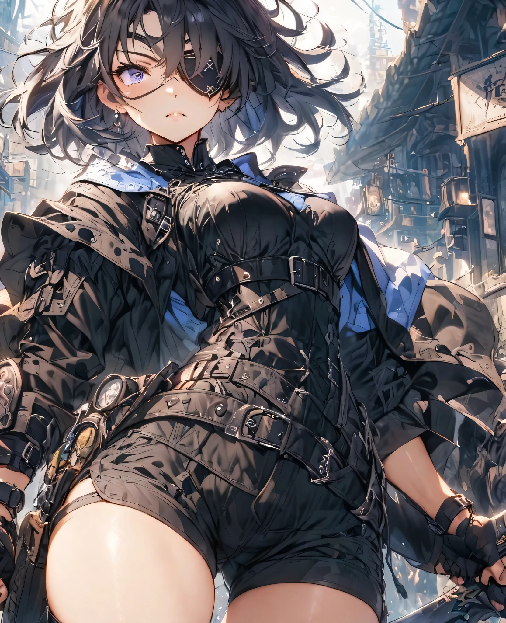 Black Hair　Tolerate　Eye patch　Short Sword　Thighs　Black clothes　