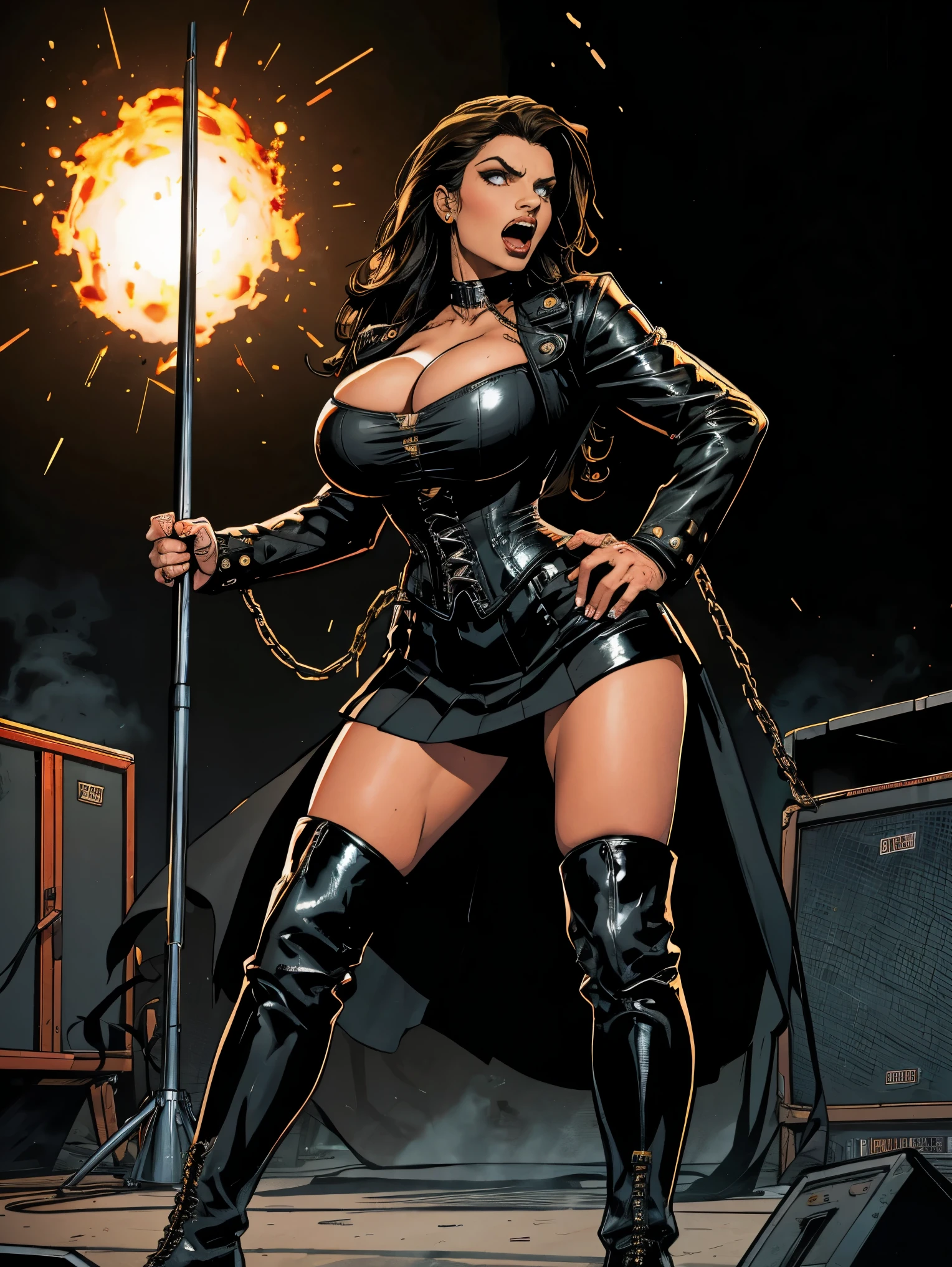Extremely busty thin and toned brunette metal singer, college girl, fair skin, big hair, hair pulled back, soft face, athletic, heavy makeup, piercings, black leather, studs, corset, boots, fingerless gloves, tight skirt, chains. standing on a stage, pyrotechnics, holding a microphone, metal concert. (microphone, fist in the sky), angry, rage, screaming. Heavy metal. Deathl. Explosions, fire.
