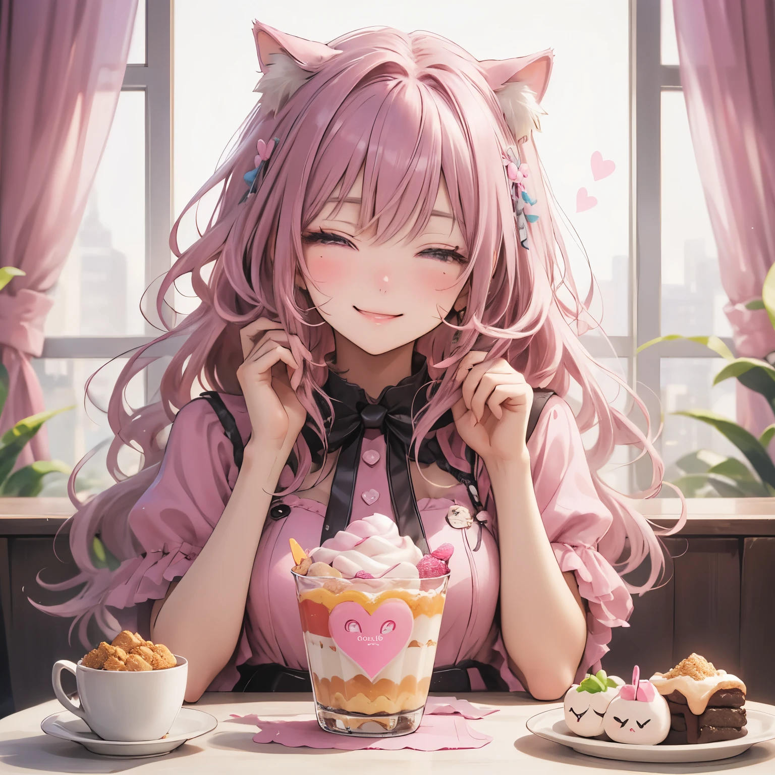 (masterpiece), Highest quality, Ultra-high resolution,A cat wearing a deep pink ribbon、Dark pink hair、Deep pink eyes、Dark pink clothes、Eat a parfait at a cafe、happiness、heart、sweet、Close your eyes and laugh