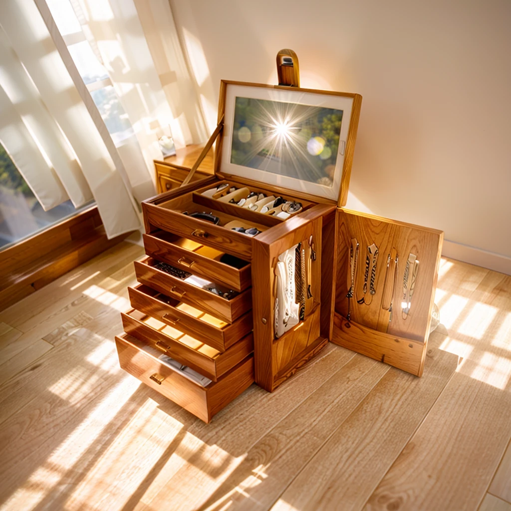In this cozy room，A ray of sunlight shone through the half-drawn curtains on the table，Let the wood grain on the watch storage box shine with a faint luster。There was a calm and peaceful atmosphere in the air around them。There are several still lifes hanging on the walls of the room，It adds a touch of elegance to the space。And on the other side of the room，The half-open window lets in the breeze，The pages on the small desk by the window turned in the wind，This quiet scene gives a sense of tranquility and comfort。

