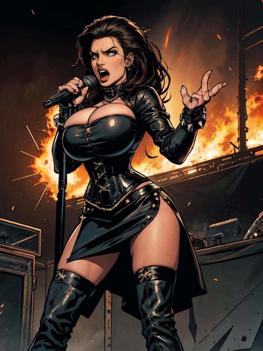 Extremely busty thin and toned brunette death metal singer, college girl, fair skin, big hair, hair pulled back, soft face, athletic, heavy makeup, piercings, black leather, studs, corset, boots, fingerless gloves, tight skirt, chains. standing on a stage, pyrotechnics, holding a microphone, metal concert. (microphone, fist in the sky), angry, rage, screaming. Heavy metal. Death metal. Explosions, fire.