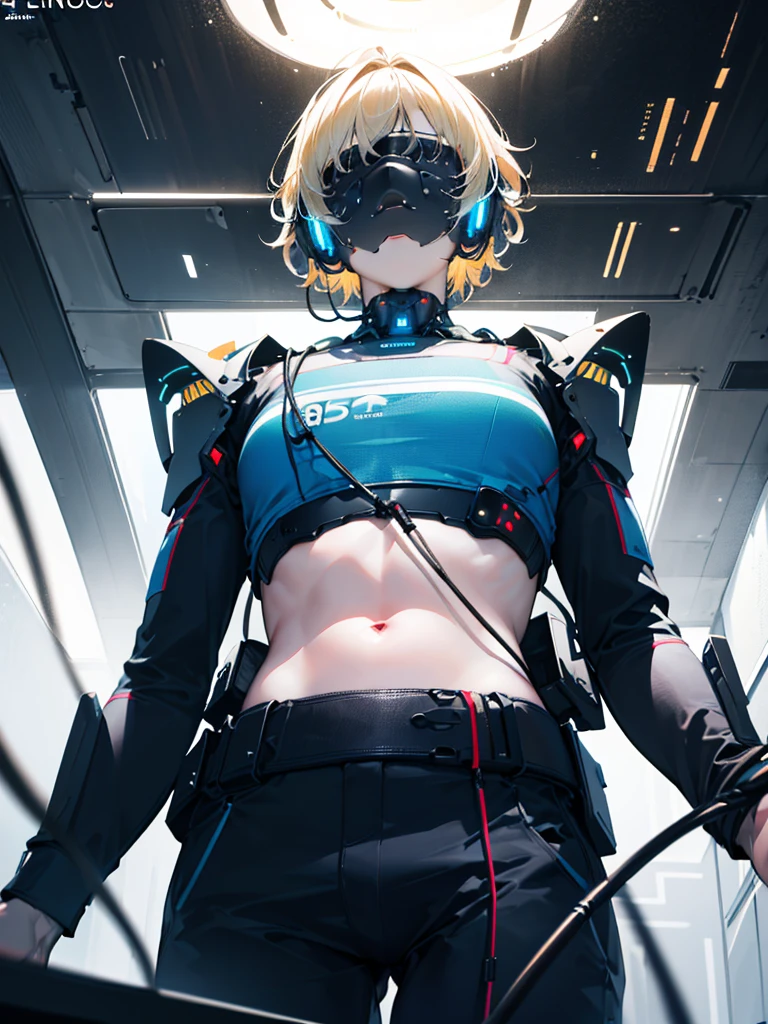 a handsome young age boy, blonde short messy hair, beautiful detailed blue eyes, is a cyborg, futuristic lab, eyes covered, futuristic headset with english text, cyborg crop top armor, mind control device, futuristic gear installed on head, lying on top of futuristic table, mindcontrol device connected to futuristic technology, head connected to wires, bionic, (best quality,4k,8k,highres,masterpiece:1.2),ultra-detailed,(realistic,photorealistic,photo-realistic:1.37),concept art, sci-fi, vivid colors, studio lighting, physically-based rendering, extreme detail description, sci-fi neon-type lighting, from below, looking at viewer, emotionless expression